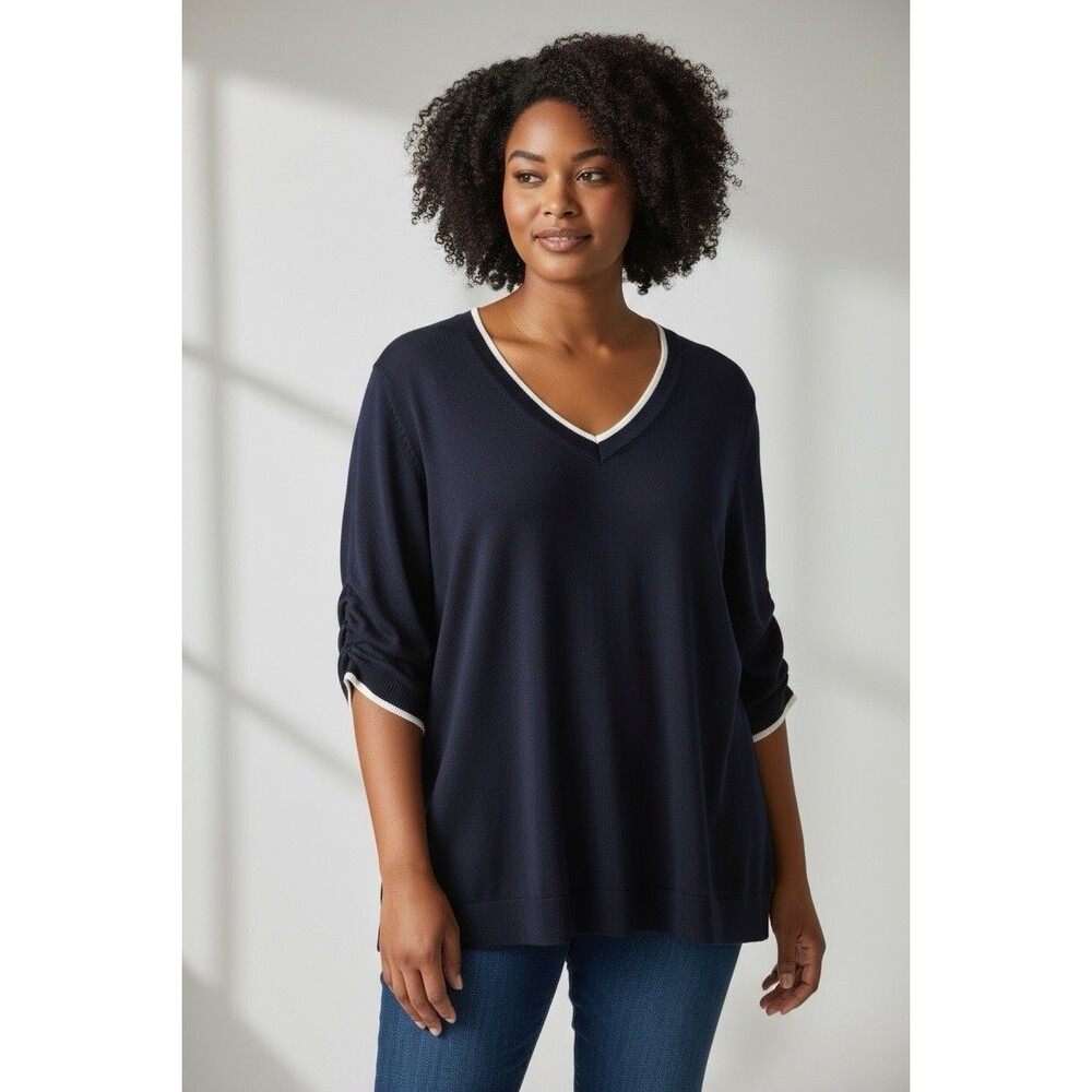 J. Jill Ruched Balloon Sleeve Sweater V-Neck Organic Cotton Blend Classic XL